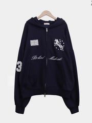 Embroidered oversized zip-up hoodie in navy blue, product shot
