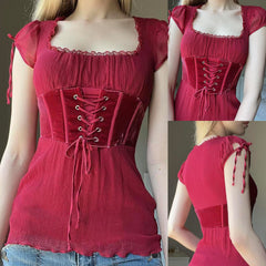 Lace Trim Square Collar Tie Corset Tee