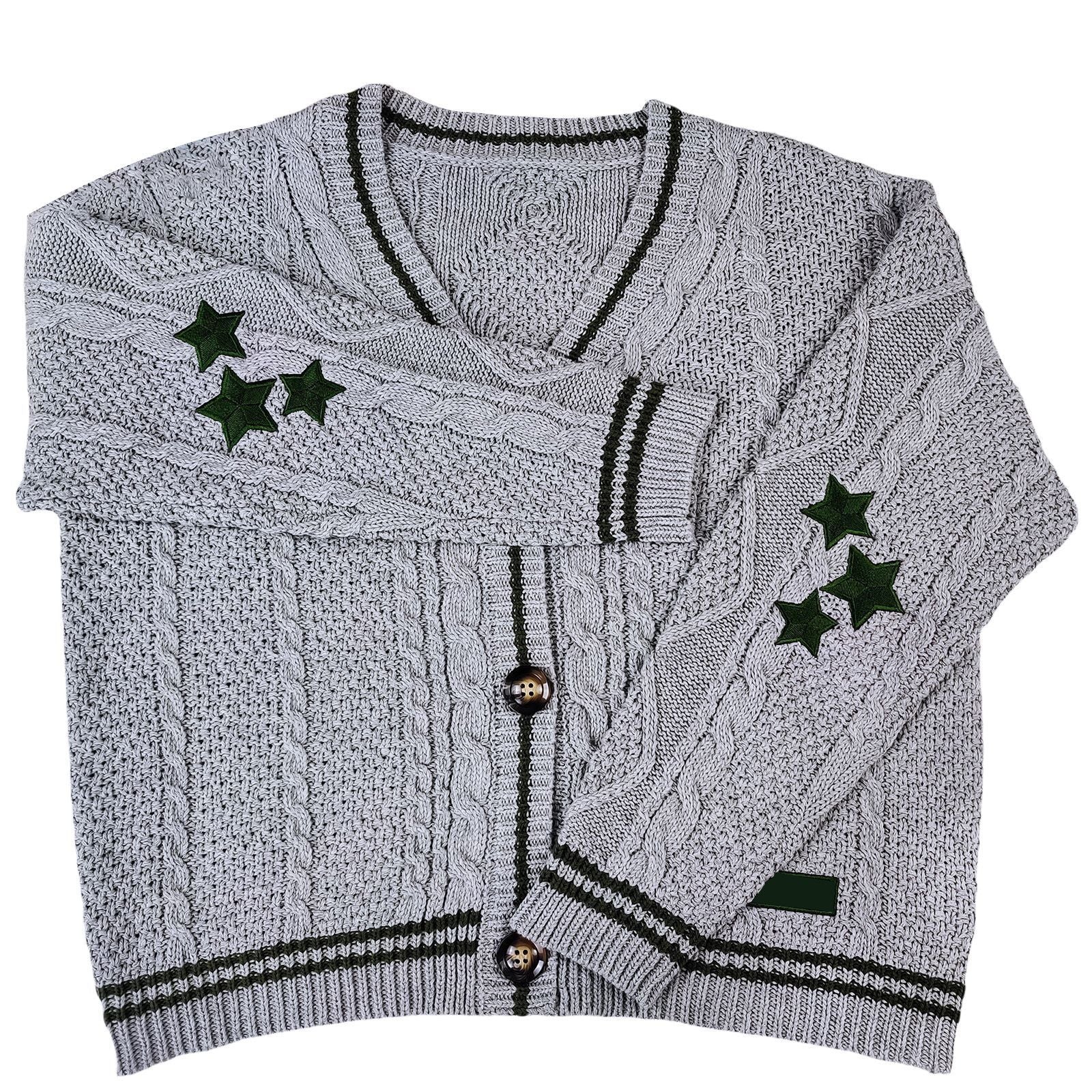 Oversize Star Embroidered Cable Knit Cardigan - fairypeony