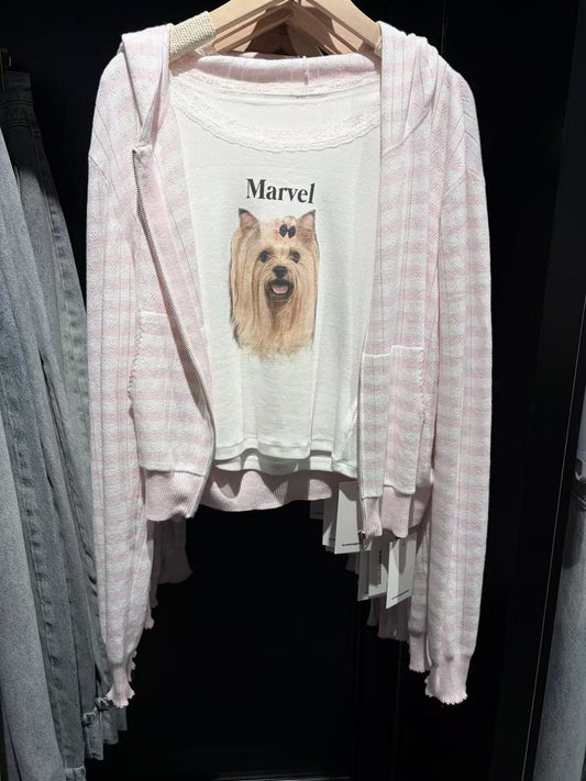 2000s Striped Hooded Knit Cardigan – Lightweight Zip-Up Sweater in Pink, Gray & Yellow, One Size