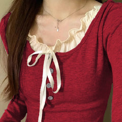 Ruffled Collar Bow Knot Long Sleeve Tee