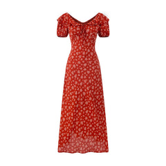 Polka Dot Puff Short Sleeve Maxi Dress