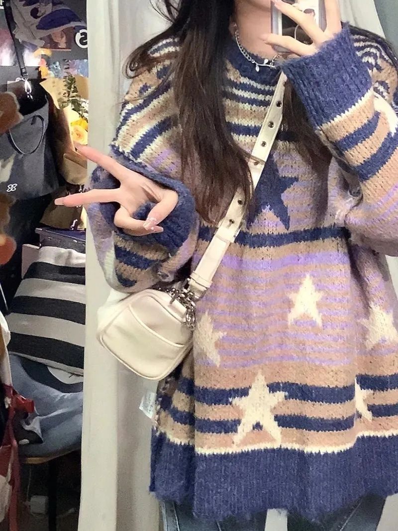 Contrast Color Stripe Star Jacquard Sweater - fairypeony