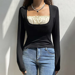 Solid Color Patchwork Long Sleeve Tee