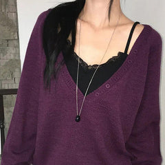 V-neck button knitted cardigan in purple, front view