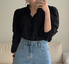 Button Front Pleated Long Sleeve Blouse