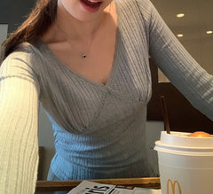 Lace Trim V Neck Slim Long Sleeve Knit Tee