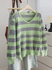 Korean version V-neck color-block striped loose knit sweater
