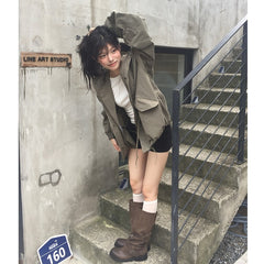 Hooded Loose Fit Imitation Lamb Wool Coat – Mid-Length Workwear Jacket