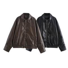 Vintage Pu Leather Zip Up Bomber Jacket