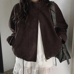 Swing drawstring deerskin fleece jacket in brown, front view