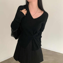 V-neck Split Waist Long Sleeve Knitted Tee