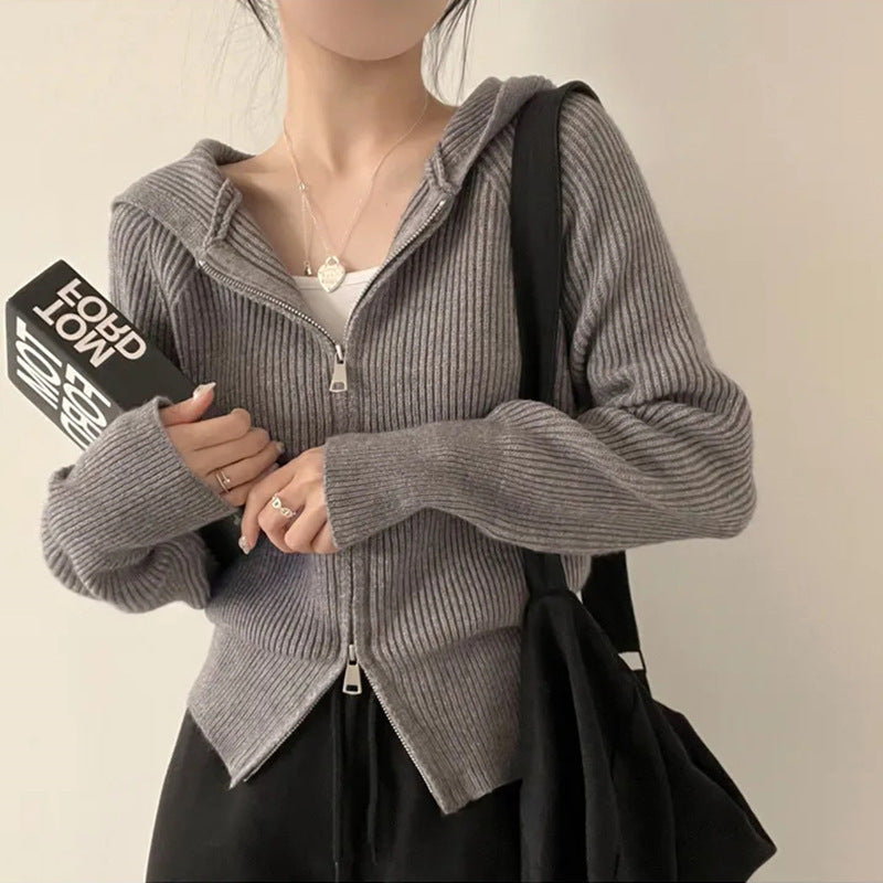 Vintage Knitted Hooded Zip Up Cardigan