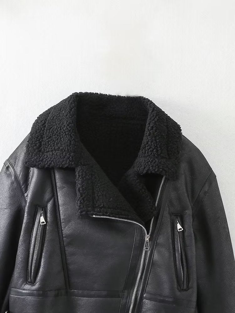 Lamb Wool Zip Up Pu Leather Jacket - fairypeony