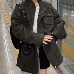Retro distressed multi-pocket workwear trench coat in Dark Green