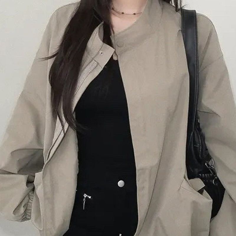 Retro stand collar oversized short trench jacket in khaki, front view