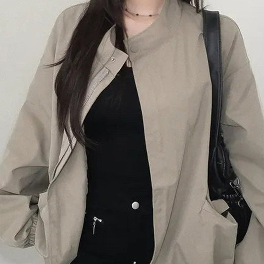 Retro stand collar oversized short trench jacket in khaki, front view