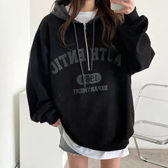 Vintage Letter Print Zipper Oversized Hoodie