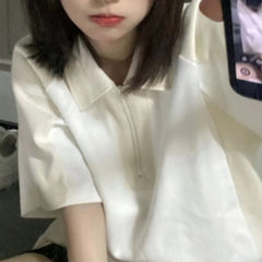 POLO Collar Half Zip Up Short Sleeve T-shirt - fairypeony
