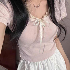 Coquette Tie Front Lace Trim Tee - fairypeony
