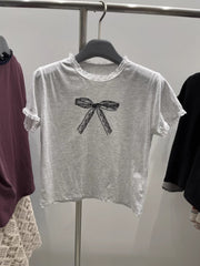 Lace Trim Bow Print Short Sleeve Tee