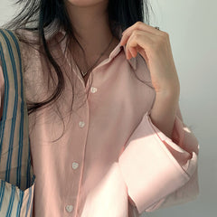 Solid Color Polo Collar Long Sleeve Loose Blouse