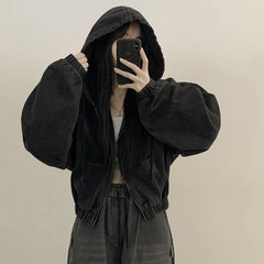 Vintage Denim Zip Up Hooded Loose Jacket