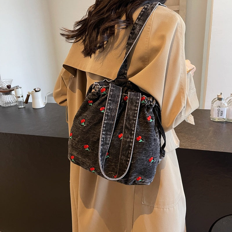 Cherry Embroidery Denim Shoulder Bag - fairypeony