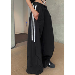 Side Striped Black Wide Leg Sweatpants - fairypeony