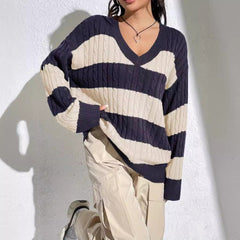 Casual Stripe Print Oversized Long Sleeve Sweater