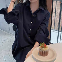 Solid Color Polo Collar Long Sleeve Loose Blouse