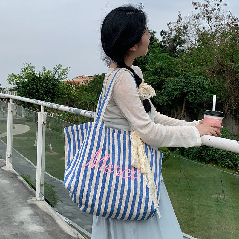 Large Capacity Striped Tote Bag - fairypeony
