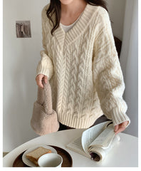 V Neck Pullover Cable Knit Sweater - fairypeony