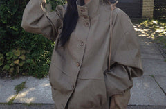 Stand collar drawstring short trench coat, front view