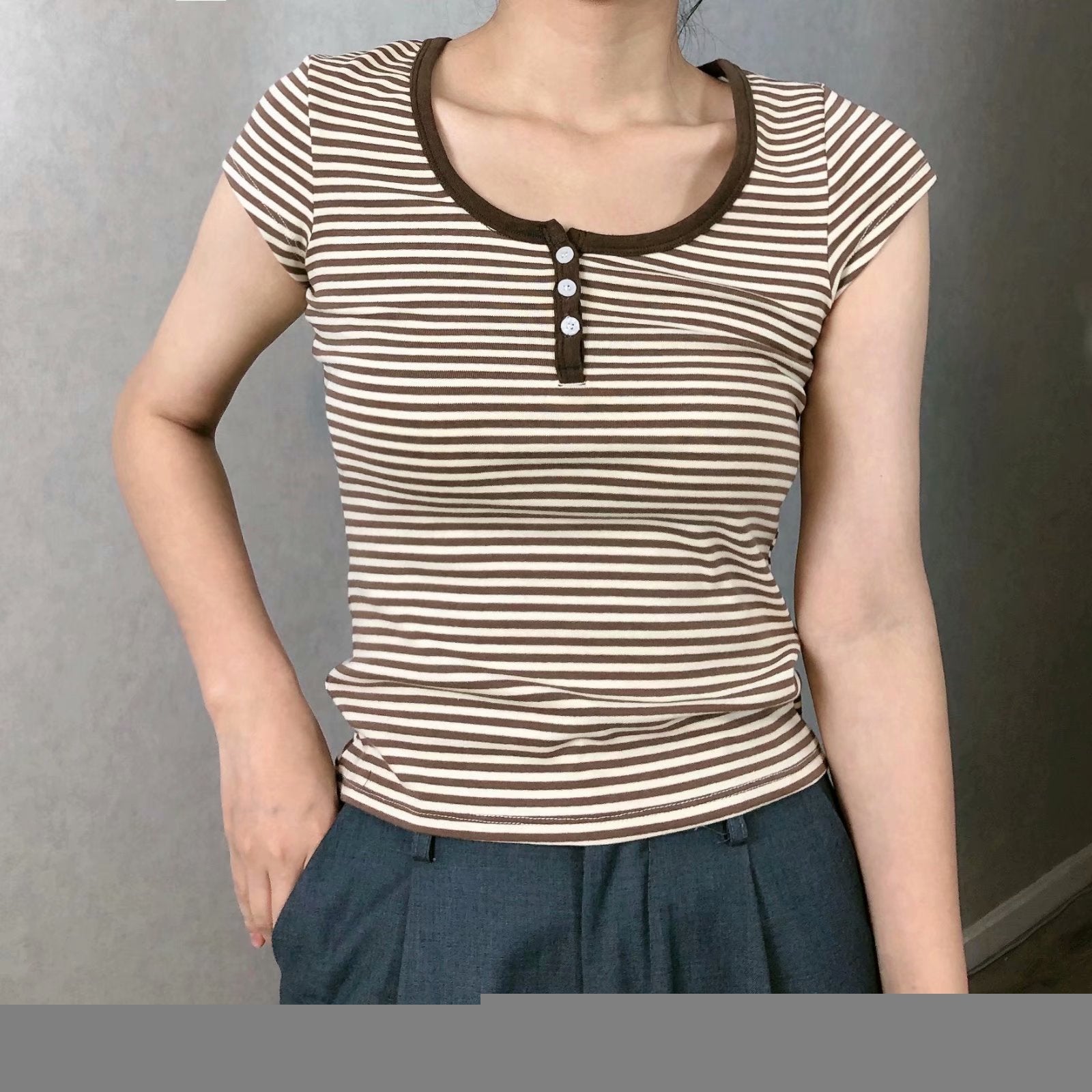 Vintage Striped Three button Slim T-shirt - fairypeony