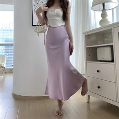 Solid Color Flared Satin Maxi Skirt