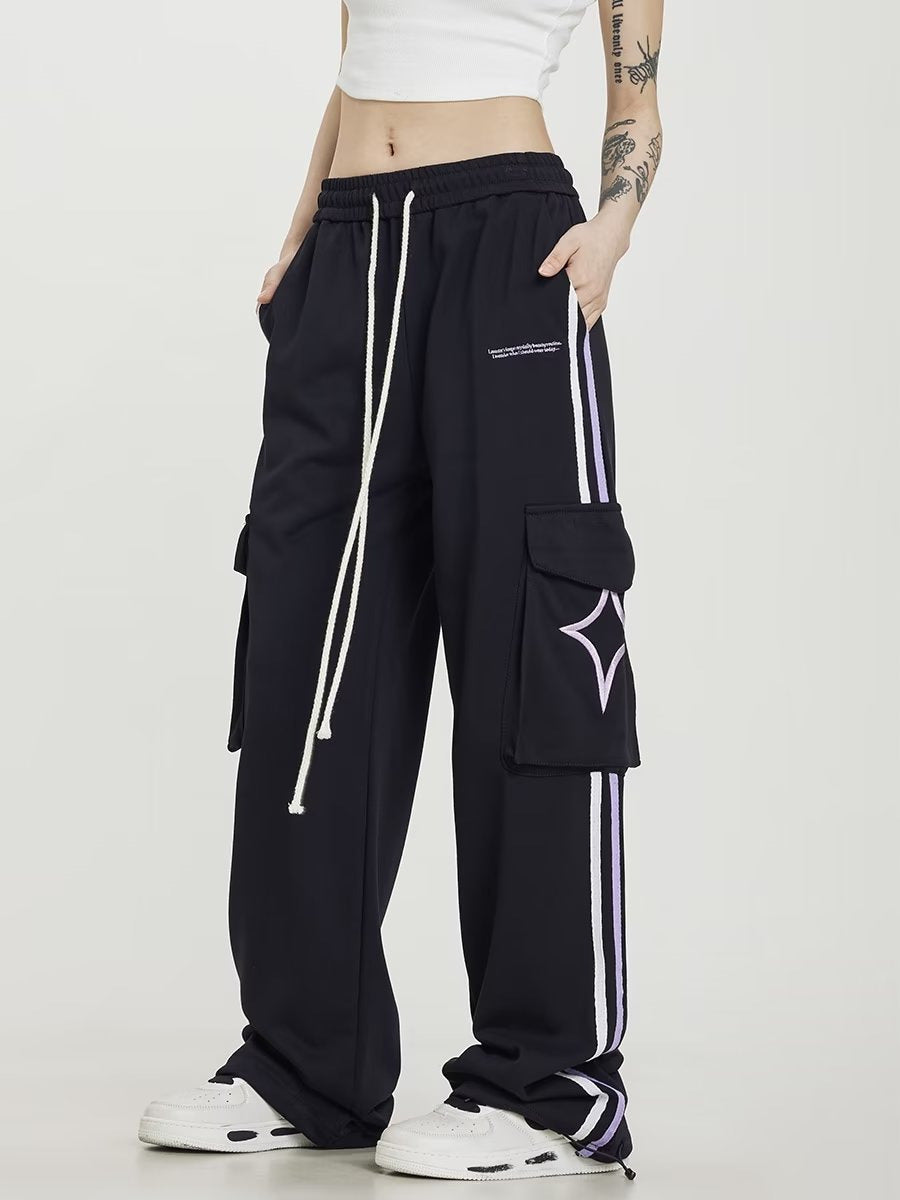 Big Pocket Stripe Drawstring Cargo Sweatpants - fairypeony
