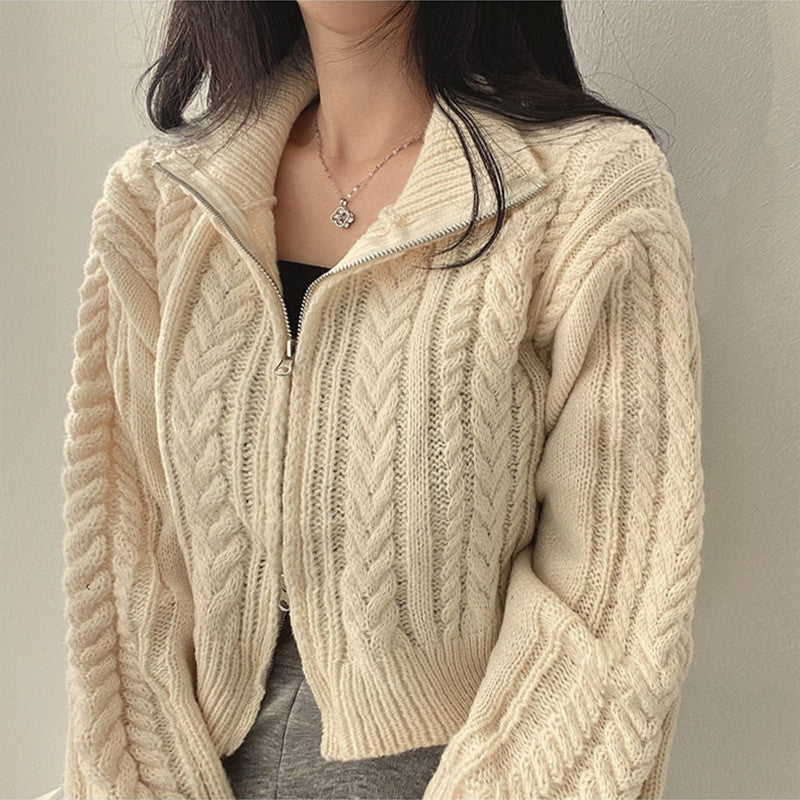 Twist Double Zipper Design Short Cardigan - fairypeony