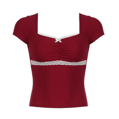 Aesthetic Lace Trim Square Collar Slim Tee