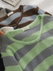 Korean version V-neck color-block striped loose knit sweater