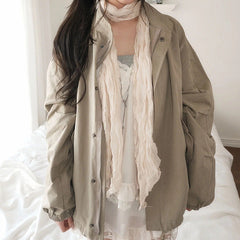 Drawstring Stand Collar Loose Jacket – Windproof Korean Cotton Coat in Khaki