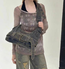 Y2K Belt Denim Shoulder Bag