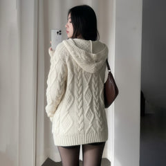 Women's Loose Twist-Knit Hooded Cardigan Long Sleeve Solid Color Jacket