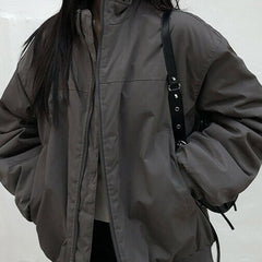Stand-up collar pleated pilot sleeve padded jacket in dark gray, front view