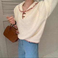 Knit Doll Collar Sweater – Contrast Trim Peter Pan Collar Pullover in 4 Colours