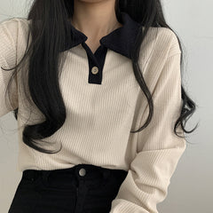 Polo Collar Long Sleeve Knitted Tee
