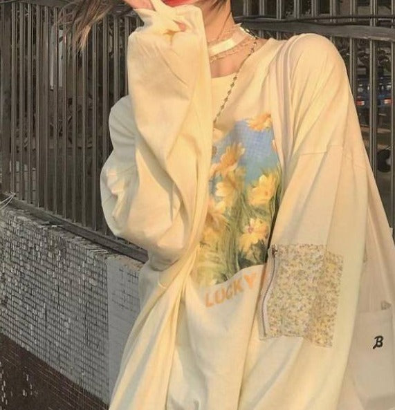 Aesthetic Daisy Print Oversized Long Sleeve Tee - fairypeony
