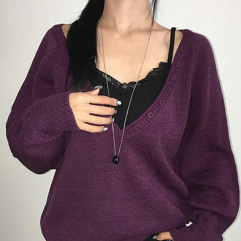 V-neck button knitted cardigan in purple, relaxed fit