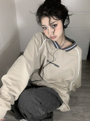 Print V Neck Patchwork Sweatshirt - fairypeony