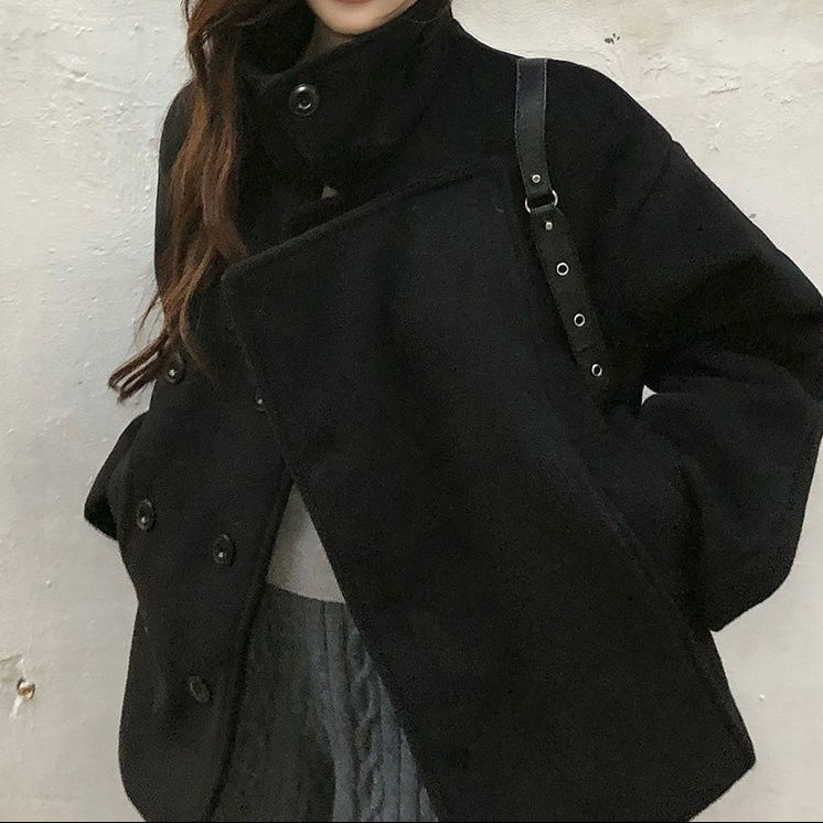 Retro Elegant Woolen Coat with Belt – Korean Chenille Fur Collar Short Coat - fairypeony